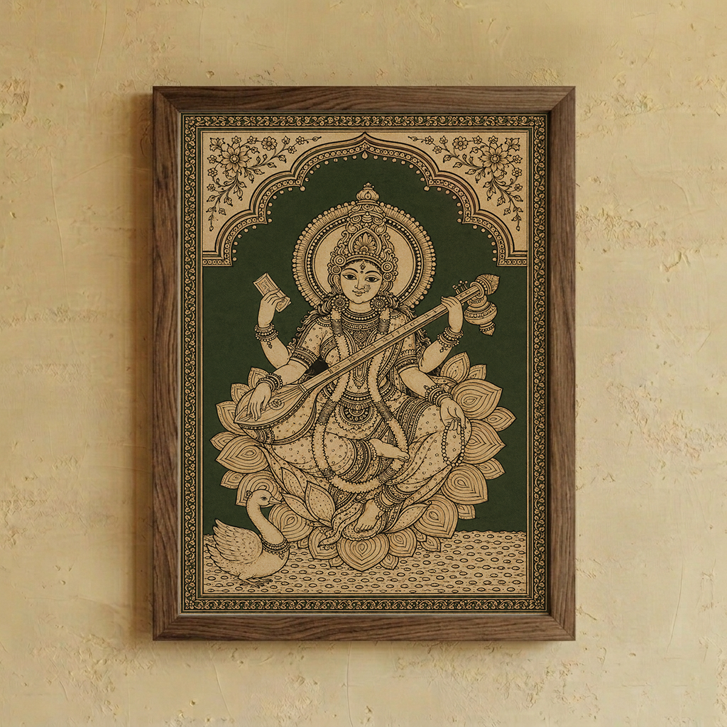 A wooden framed Indian folk art print of Goddess Saraswathi seated on a lotus, mounted on a textured beige plaster wall.
