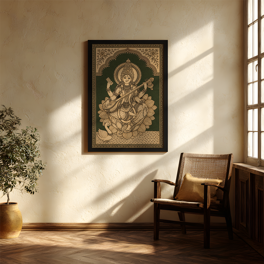 Goddess Saraswathi wall art, intricately detailed to embody wisdom, creativity, learning, and artistic harmony. A serene statement piece that brings grace and inspiration to your space.