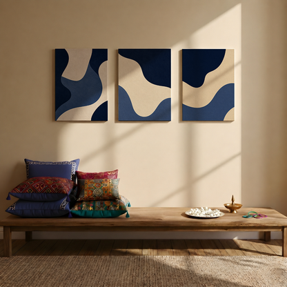 Gallery wall art set from Purnam's Indigo Valley collection, angled view