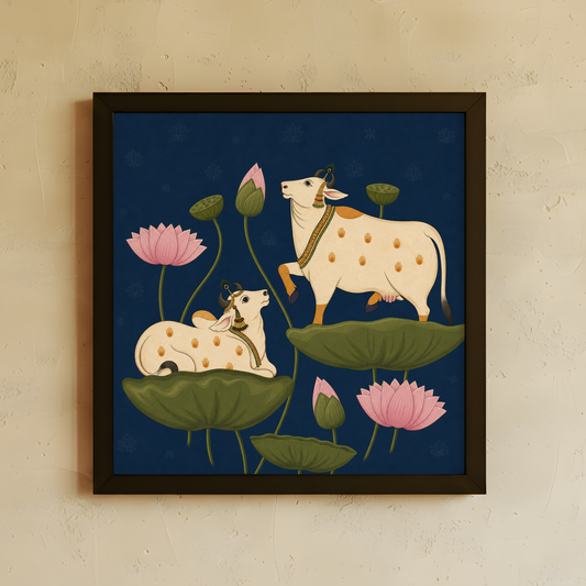 A framed art print featuring a stylized illustration of two cream-colored spotted cows among green lotus pads and pink lotus flowers on a dark navy blue background, hung on a textured beige wall.