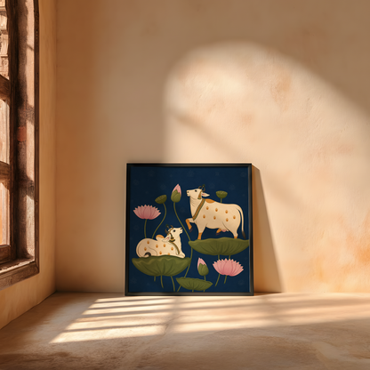 A framed art print featuring a stylized illustration of a cow and calf among lotus leaves and pink flowers, leaning against a warm beige plaster wall in a sunlit room.