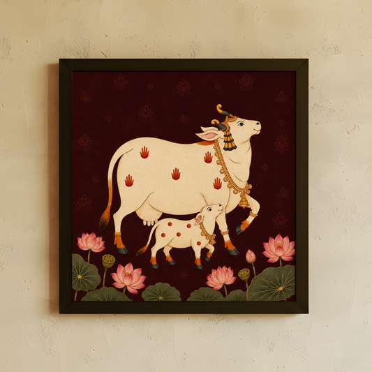 A framed art print depicting a traditional Indian style illustration of a cow and calf with pink lotus flowers, mounted on a textured beige wall.