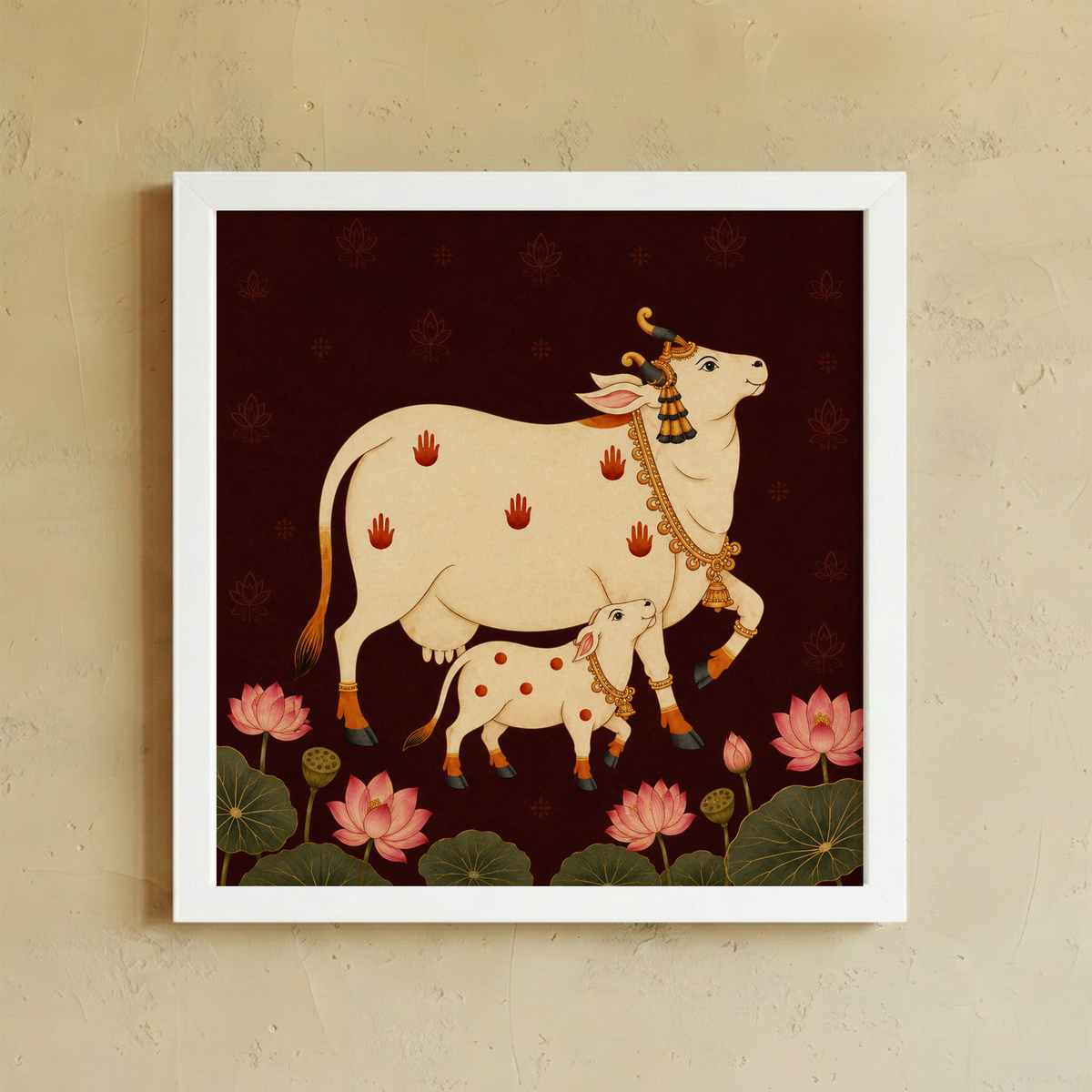 A framed art print featuring a traditional Indian illustration of a cow and calf under pink lotus flowers, mounted on a textured beige wall.