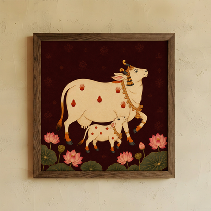 A framed art print depicting a traditional Indian style illustration of a cow and calf with pink lotus flowers, mounted on a textured beige wall.
