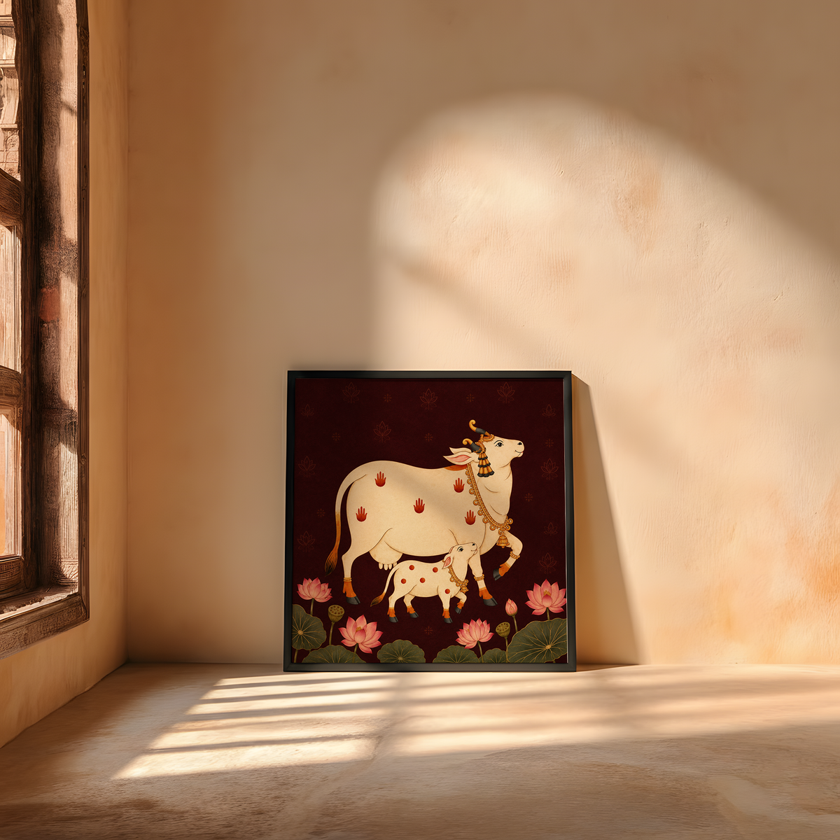 A square framed art print depicting a cream-colored cow and calf with pink flowers and green leaves on a dark red background, leaning against a warm beige plaster wall in a sunlit room.