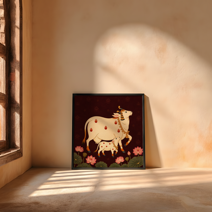 A square framed art print depicting a cream-colored cow and calf with pink flowers and green leaves on a dark red background, leaning against a warm beige plaster wall in a sunlit room.