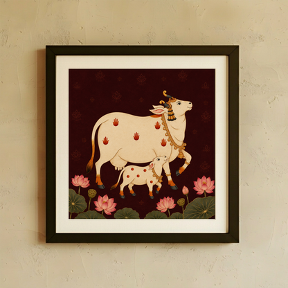 Framed wall art featuring a traditional Indian-style illustration of a white cow and calf decorated with red spots and gold ornaments, set against a dark maroon background with pink lotus flowers and green leaves. The artwork is matted with a white border and enclosed in a black frame, mounted on a textured beige wall.