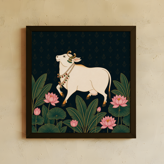 A framed art print featuring a cream-colored cow adorned with a decorative collar, walking among green lotus leaves and pink lotus flowers against a dark navy patterned background. The print is housed in a dark brown frame and mounted on a textured beige wall.