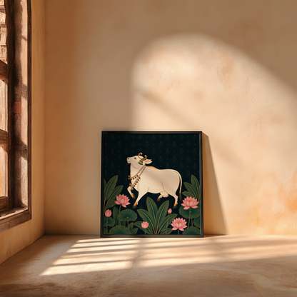 A framed art print featuring a white cow decorated with a floral crown and necklace, walking among green lotus leaves and pink lotus flowers on a dark background, leaning against a warm beige plaster wall in a sunlit room.