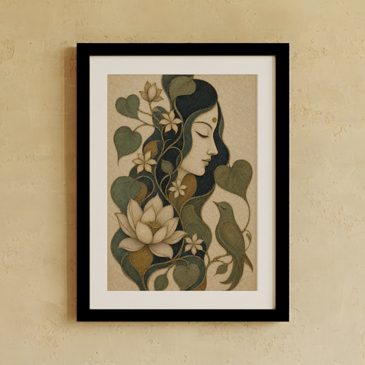 Framed art print featuring a stylized woman's face blended with lotus flowers, leaves, and birds in muted green, beige, and cream tones, displayed on a textured beige wall.