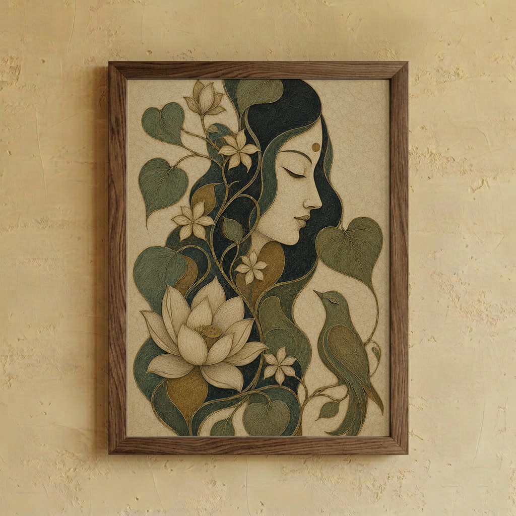 Framed wall art featuring a stylized woman's face with closed eyes, surrounded by dark green leaves, white flowers, and a small bird, displayed on a textured beige wall.