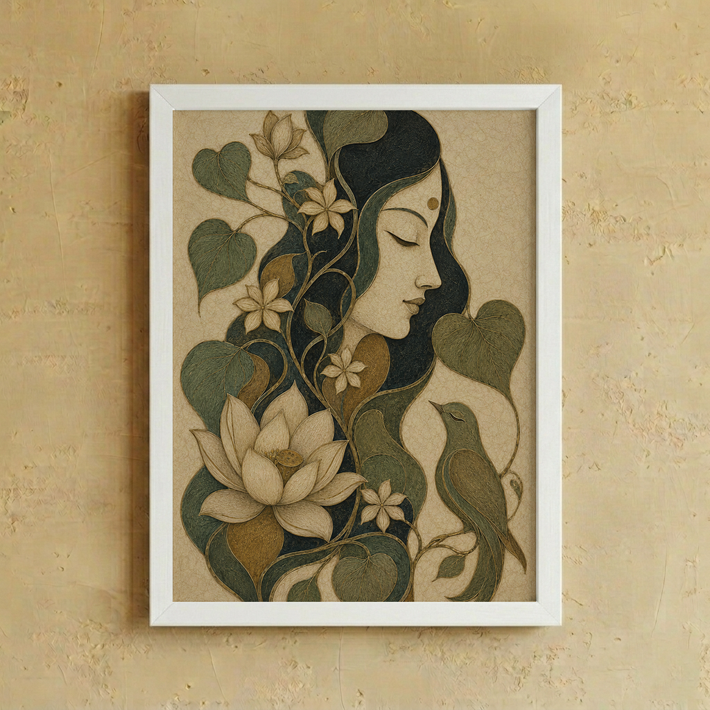 A white framed art print featuring a stylized illustration of a woman's face with closed eyes, surrounded by dark green leaves, cream flowers, and a small bird, displayed on a textured beige wall.