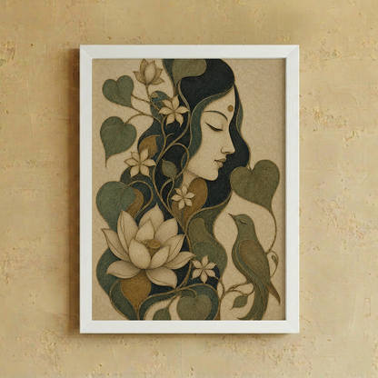 A white framed art print featuring a stylized illustration of a woman's face with closed eyes, surrounded by dark green leaves, cream flowers, and a small bird, displayed on a textured beige wall.