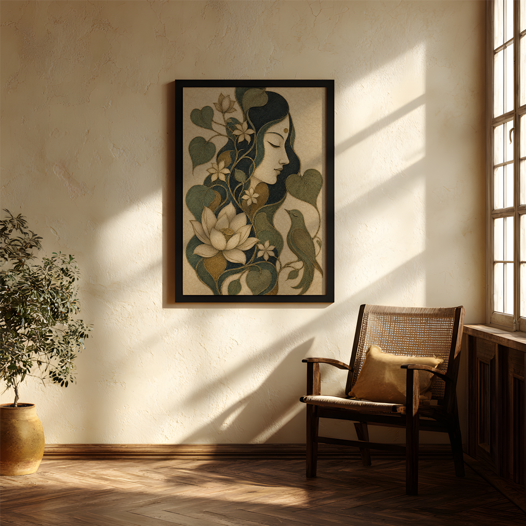 A framed art print featuring a stylized woman's profile with lotus flowers and birds, displayed on a textured beige wall in a sunlit room with a wooden chair and potted plant.