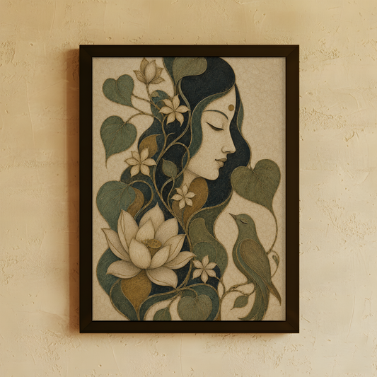 Framed wall art featuring a stylized profile portrait of a woman surrounded by leaves, flowers, and a bird, displayed on a textured beige wall.
