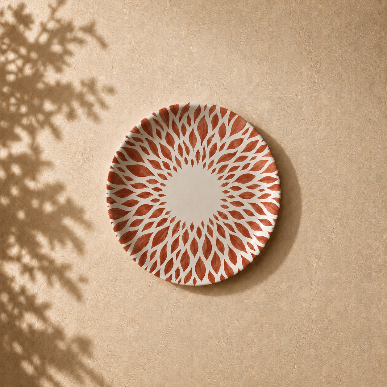 Botanical Harmony wall plate from Purnam's Mandala Grove collection, angled view