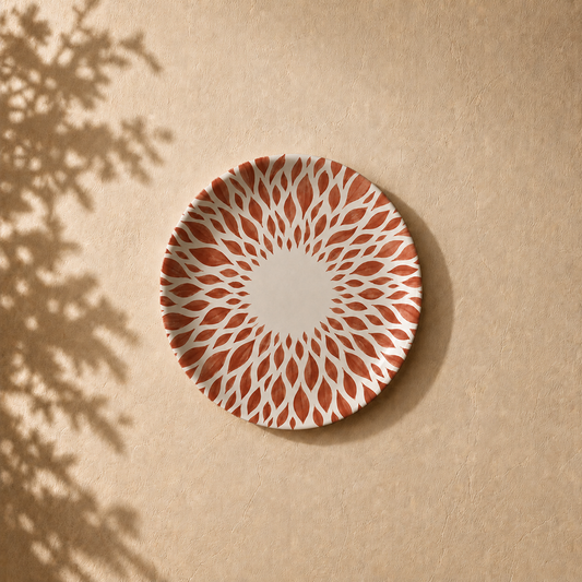 Botanical Harmony wall plate from Purnam's Mandala Grove collection, angled view