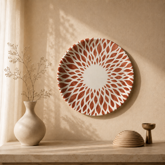 Botanical Harmony wall plate from Purnam's Mandala Grove collection, front view