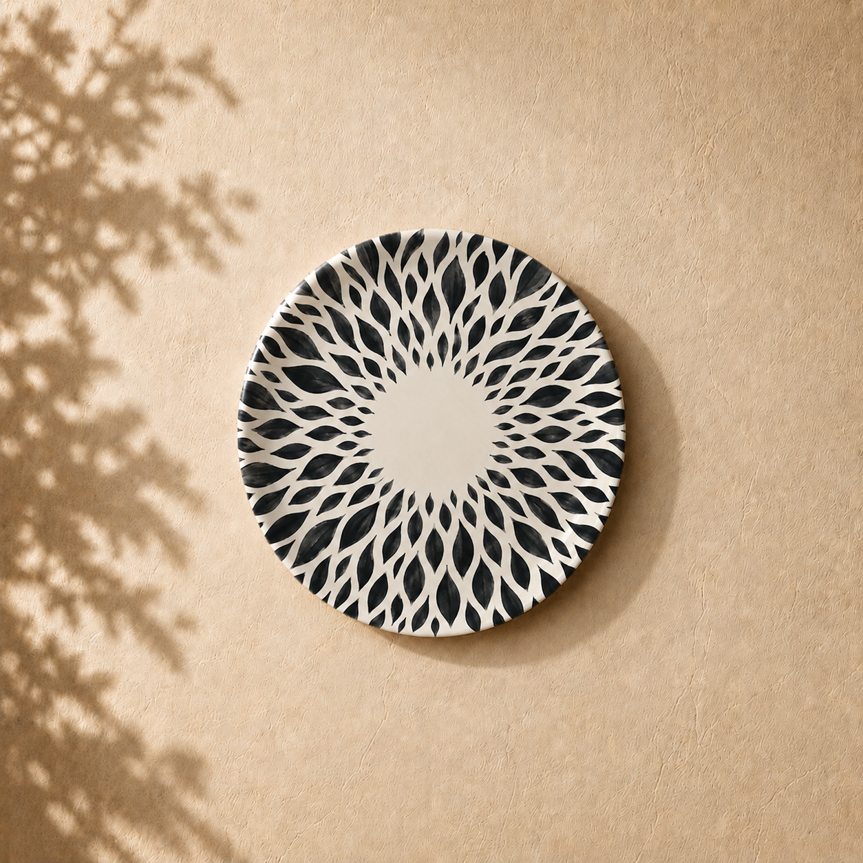 Modern Mandala wall plate from Purnam's Mandala Grove collection, angled view