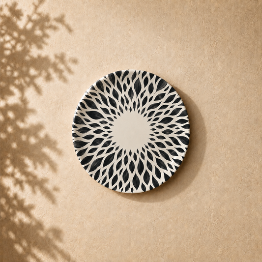 Modern Mandala wall plate from Purnam's Mandala Grove collection, angled view