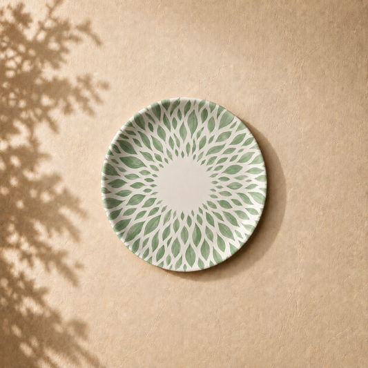 Sacred Rhythm wall plate from Purnam's Mandala Grove collection, angled view