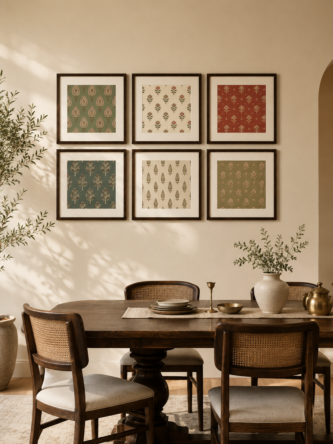 Six framed art prints with traditional Indian motifs in muted green, red, and beige tones, arranged in a 2x3 grid on a warm beige wall with Dimensions in a dining setting