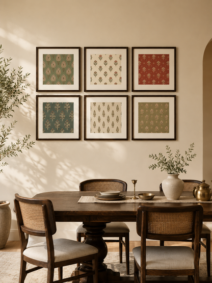 Six framed art prints with traditional Indian motifs in muted green, red, and beige tones, arranged in a 2x3 grid on a warm beige wall with Dimensions in a dining setting