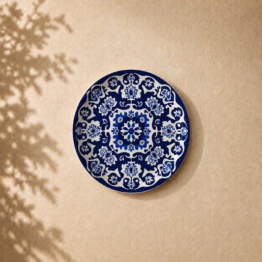 Decorative Heritage wall plate from Purnam's Morrocan Tile collection, angled view
