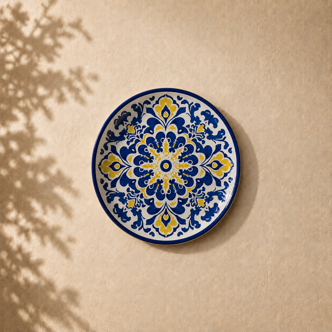 Global Pattern wall plate from Purnam's Morrocan Tile collection, angled view