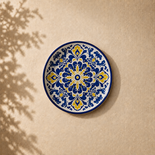 Global Pattern wall plate from Purnam's Morrocan Tile collection, angled view