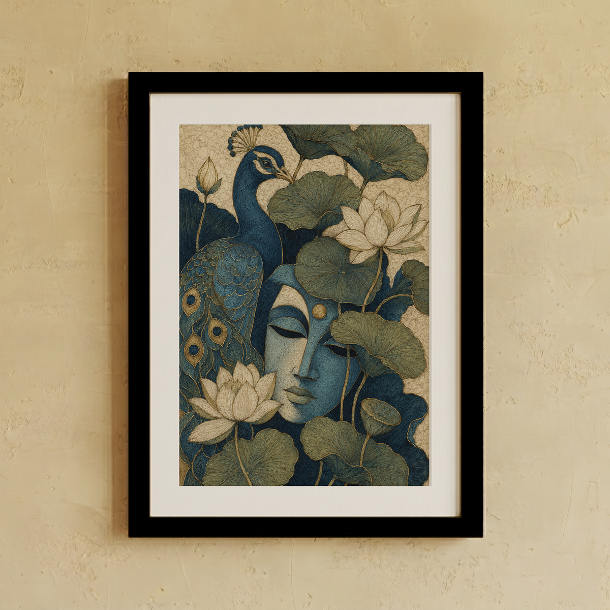 Neel Kamal Wall Art blends a serene blue visage, peacock and blooming lotuses in a richly detailed composition. A timeless statement piece inspired by nature, beauty and inner stillness.