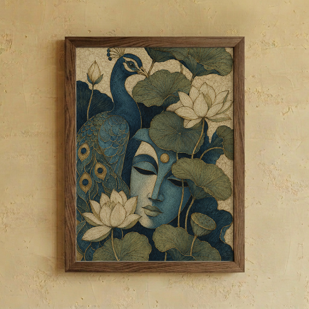 This wall art blends a serene blue visage, peacock and blooming lotuses in a richly detailed composition.