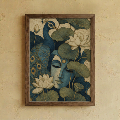 This wall art blends a serene blue visage, peacock and blooming lotuses in a richly detailed composition.