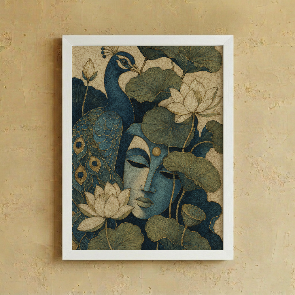 White Framed wall art with a peacock and blooming lotuses in a richly detailed composition. A timeless statement piece inspired by nature, beauty and inner stillness.