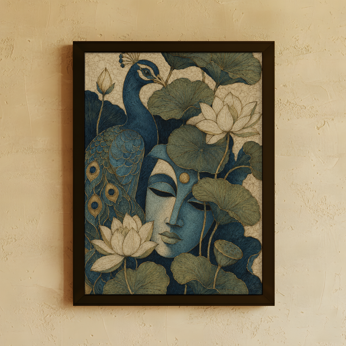 A framed art print featuring a serene blue Buddha face surrounded by lotus flowers and a peacock, mounted on a textured beige wall.