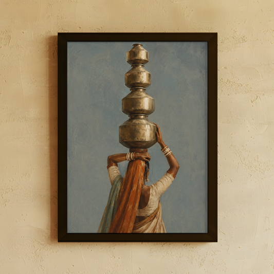 A black framed art print depicting a woman in a white and orange sari carrying a stack of metallic pots on her head, mounted on a textured beige wall