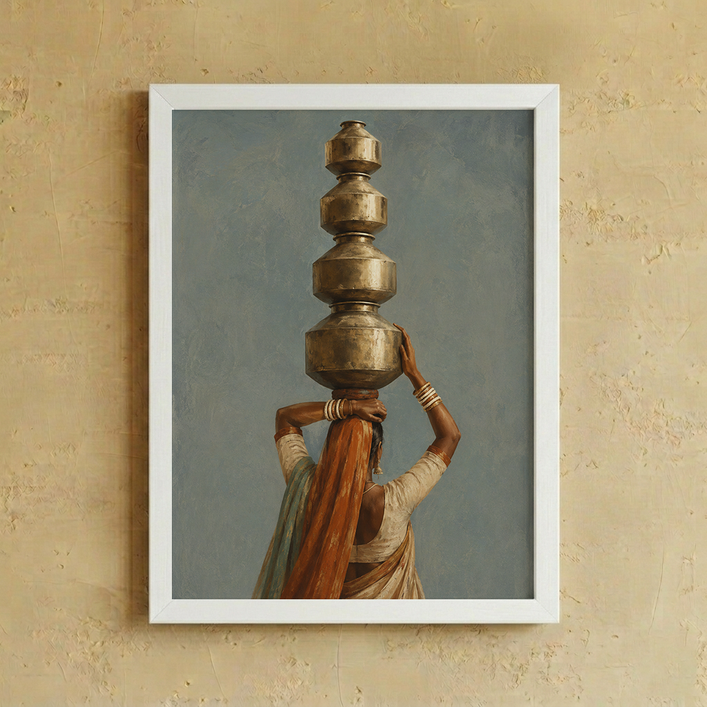 A framed art print depicting a woman from behind carrying a stack of metallic pots on her head, displayed on a textured beige wall.