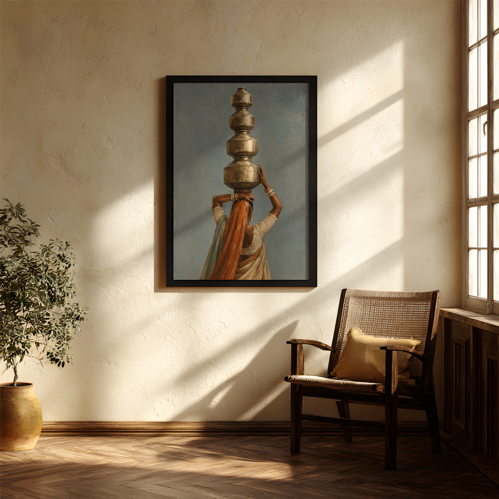 A framed art print depicting a woman balancing stacked metallic vessels on her head, hung on a textured beige wall in a sunlit room with a wooden chair and potted plant.