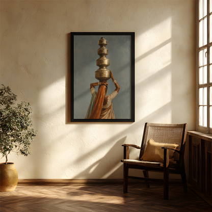 A framed art print depicting a woman balancing stacked metallic vessels on her head, hung on a textured beige wall in a sunlit room with a wooden chair and potted plant.