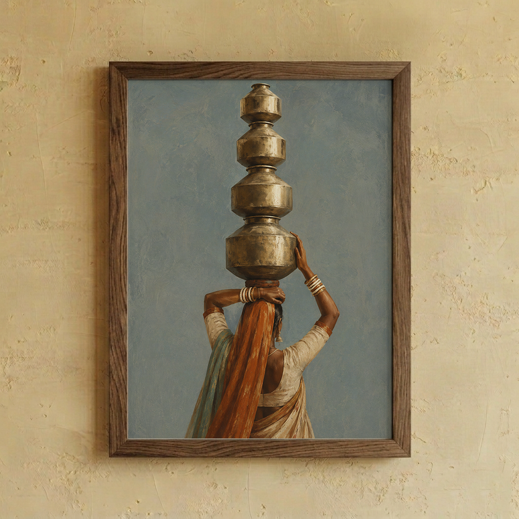 A framed art print depicting a woman in a white and orange sari carrying a stack of metallic pots on her head, mounted on a textured beige wall.