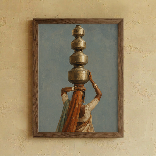 A framed art print depicting a woman in a white and orange sari carrying a stack of metallic pots on her head, mounted on a textured beige wall.