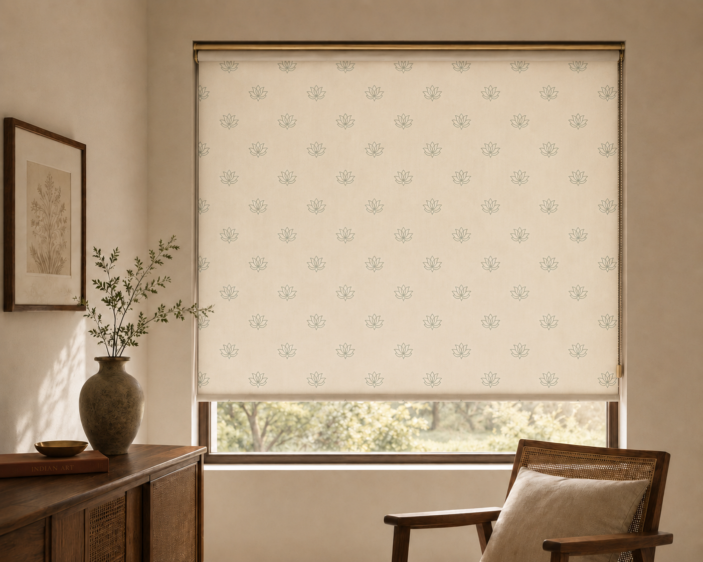 Close-up detail of the Lotus Rhythm curtains, Purnam's Padma collection