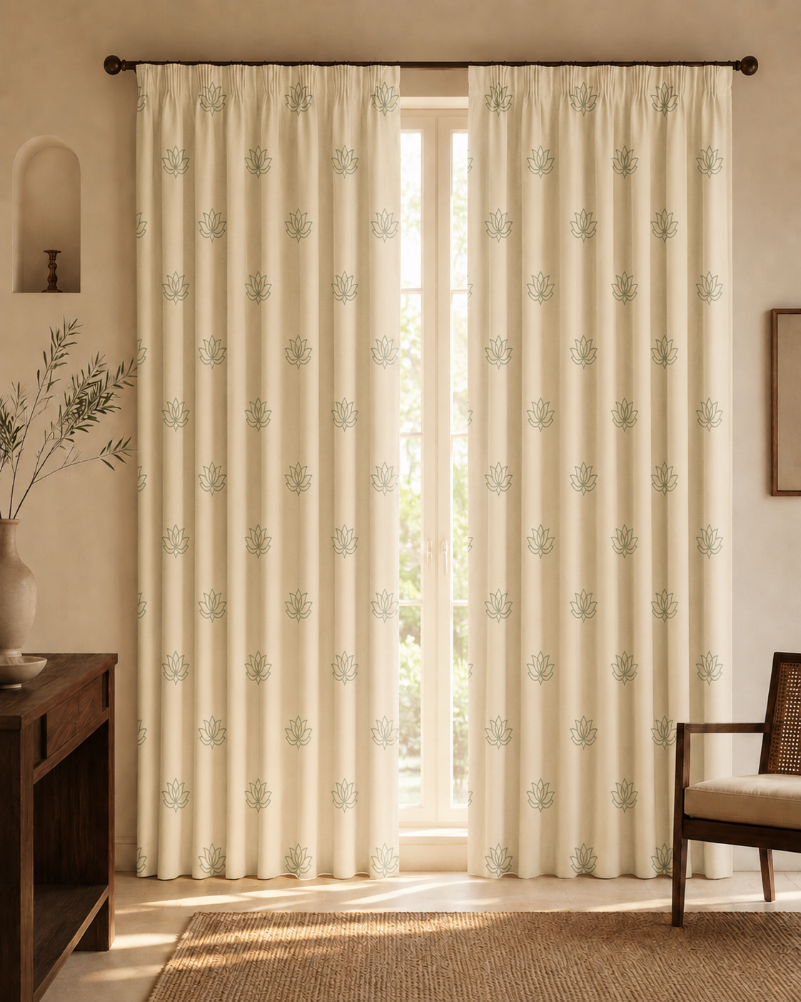 Lotus Rhythm curtains from Purnam's Padma collection, front view