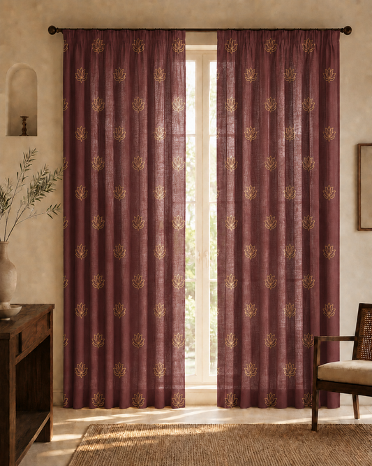 Serene Bloom curtains from Purnam's Padma collection, front view