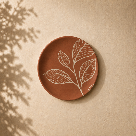 Rooted Patra wall plate from Purnam's Patra Narrative collection, angled view