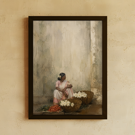 A framed art print depicting a woman in a pink dress sitting among baskets of white flowers and red produce, hung on a textured beige wall.