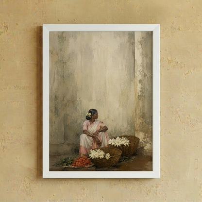 A white framed art print depicting a woman in a pink dress sitting among baskets of white flowers and red produce, hung on a textured beige wall.