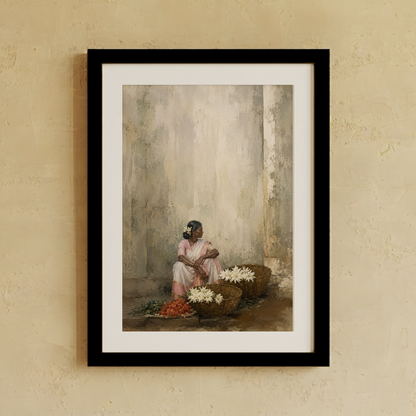 A framed art print depicting a seated woman in a rustic interior with baskets of flowers, mounted on a textured beige wall.