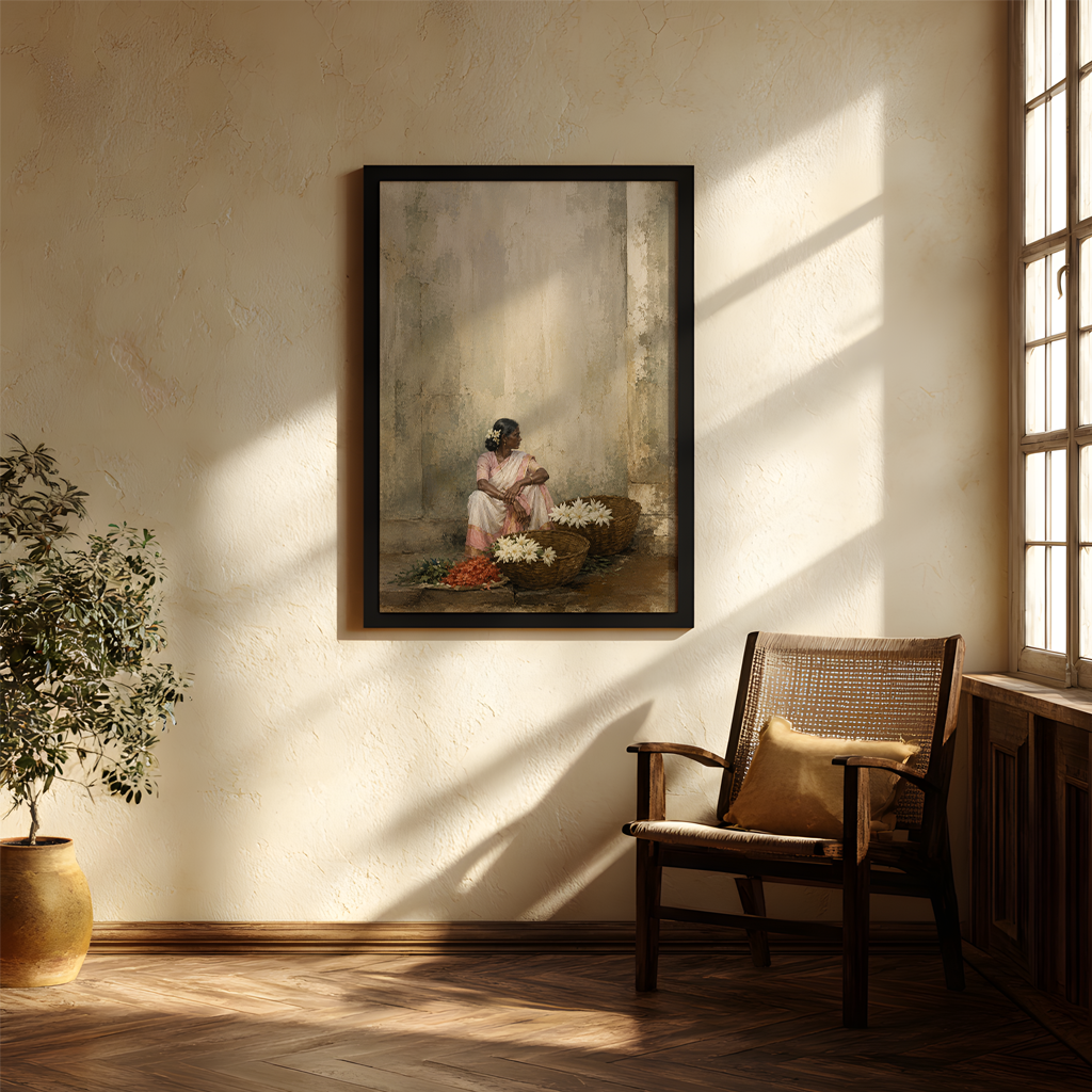 A framed art print depicting a woman painting flowers, hung on a textured beige wall in a sunlit room with a wooden chair and potted plant.