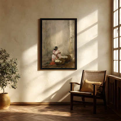 A framed art print depicting a woman painting flowers, hung on a textured beige wall in a sunlit room with a wooden chair and potted plant.
